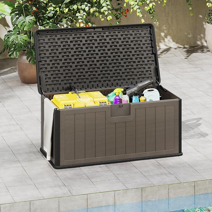 Giantex 100 Gallon Deck Box, Waterproof Resin Box with Lockable Lid, 440Lbs Outdoor HDPE Storage Container Bench for Patio Furniture Cushions, Pool Tools & Garden Accessories (Brown)