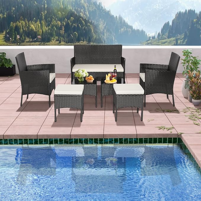 Tangkula 7 Piece Patio Rattan Sofa Set, Wicker Furniture Set with 2 Side Tables and 2 Ottomans, Solid Metal Frame, Soft Cushions, Outdoor Wicker Conversation Set for Front Porch, Poolside