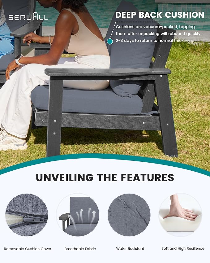 SERWALL HDPE Outdoor Patio Loveseat, All Weather Wood-Like Outdoor Sofa HDPE Outdoor Furniture, Grey Frame and Grey Cushion