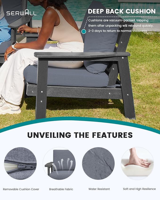 SERWALL HDPE Outdoor Furniture Set, 2 Piece All Weather Wood-Like Outdoor Sofa Sectional Couch, Grey Frame and Grey Cushion
