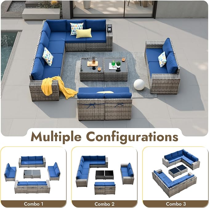 12 Pieces Patio Furniture Set, Wicker Outdoor Sectional Sofa with Coffee Table Comfy Cushions, Modern Modular Deep Seat Rattan Couch Conversation Set for Backyard Porch Yard,Navy Blue
