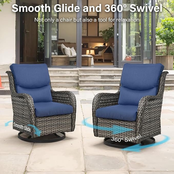 Outdoor Swivel Rocker Patio Chairs Set of 4 with Side Table - 5" Thick Cushion 6 Piece Furniture Set All Weather Comfortable Wicker Conversation Set for Porch Poolside and Deck - Gray/Blue