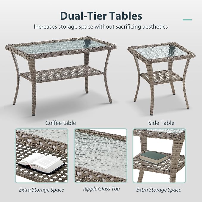 7 Piece Patio Furniture Set - Wicker Patio Conversation Set with Swivel Glider, 3 Seat Sofa, 2 Ottomans, Glass Side Table and Coffee Table for Deck Backyard - Grey Wicker Grey Cushion