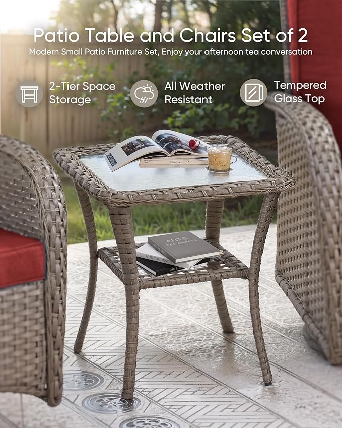 HUMMUH Outdoor Bistro Set-High Back Outdoor Rocking Chair with Side Table Patio Table and Chairs Set for Deck Lawn Porch Balcony Poolside-Grey/Red