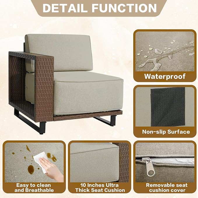 7 Pieces Outdoor Patio Furniture Set, PE Rattan Weaving Sofa with 10 inch Thick Cushions, Dining Table and Coffee Table with Steel Frame and Wooden Board, Brown/Light Gray Linen