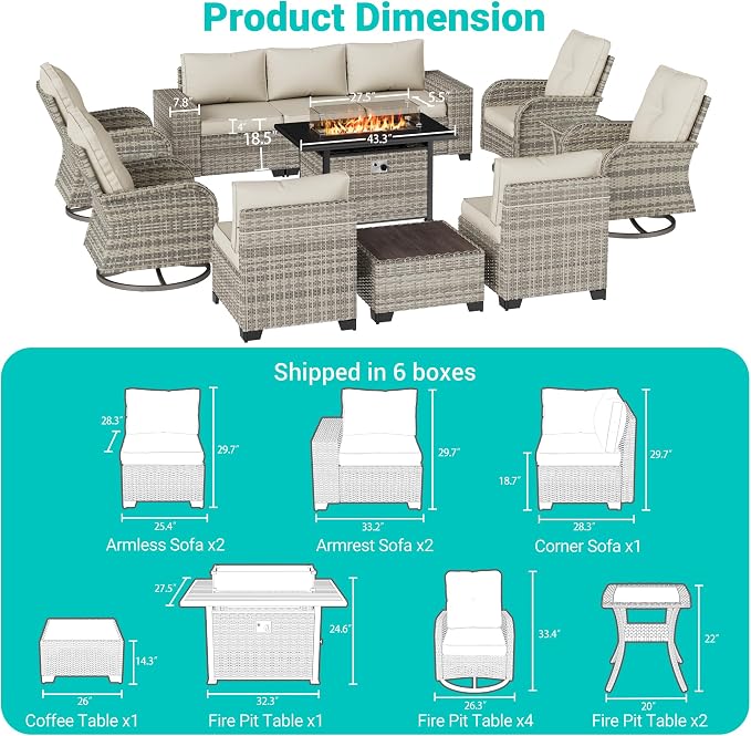 13-Piece Outdoor Patio Furniture Set with Rocking Swivel Chair, PE Wicker Rattan Sectional Sofa Patio Conversation Set with 55,000 BTU Fire Pit Table & Coffee Table, White