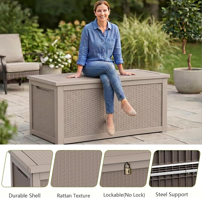Waterproof Outdoor Storage Box Outside Deck Box Lockable Resin Bench UV Resistant Furniture Cushion Pool Tool Float Bin Patio Garden Porch (Grey, 320 Gallon)