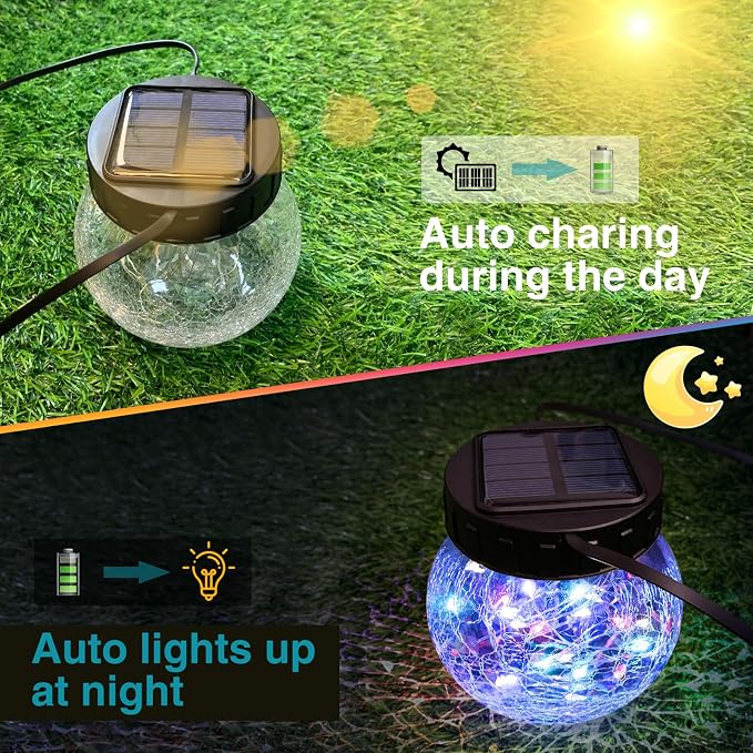 kolpop 2 Pack Solar Lantern Outdoor Lights, Multi-Coloured Solars Lanterns with 30 LED, Crackle Glass Ball Waterproof Hanging Solar Lights for Garden Decor Patio Fence Yard Christmas Tree Decoration