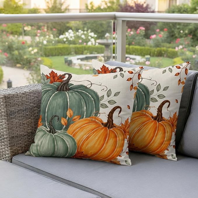 Green Orange Fall Waterproof Outdoor Pillow Covers 24''x24'' Set of 2, Maple Leaves Thanksgiving Patio Furniture Cushion Covers for Chairs,Decorative Farmhouse Beige Pillow Cases for Garden/Pool/Beach
