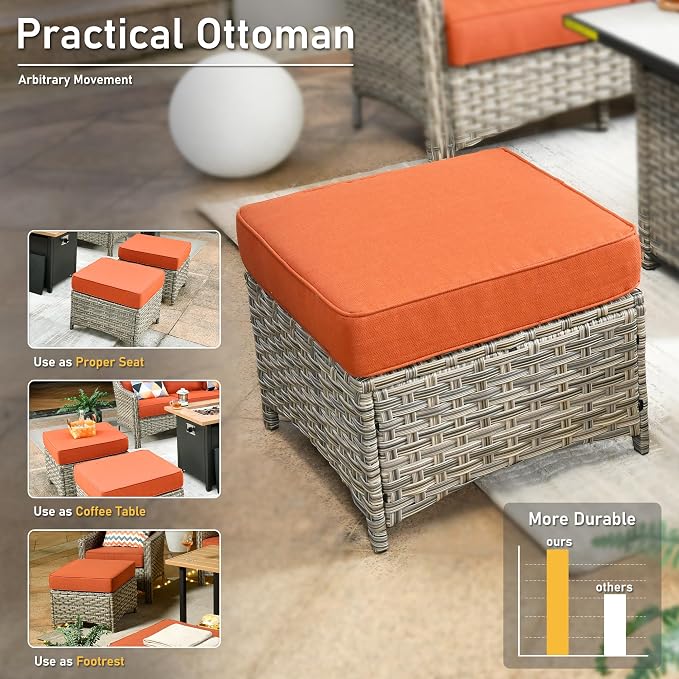 HOOOWOOO 6 Piece Patio Furniture Conversation Sets with Sola Light Table,Outdoor Wicker Furniture with Ottoman, All Weather Resistant Outside High Back Rattan Patio Set(Red)
