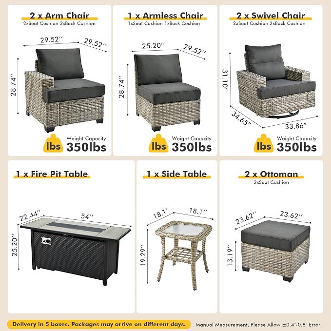 9 Pcs Outdoor Sectional Patio Furniture Set with Fire Pit Table and Swivel Rocking Chairs - All Weather Wicker Modular Outside Sectional Couch,Patio Seating Outdoor Conversation Sets,Black