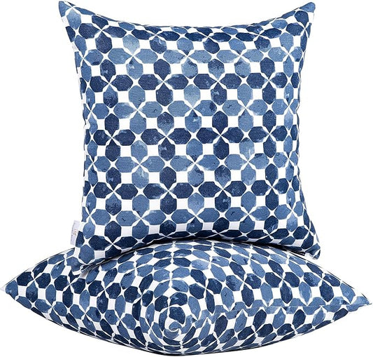 JMGBird Blue Outdoor Pillows Waterproof 18x18 Throw Pillows with Inserts | Blue Diamond Petal Pattern UV Fade Resistant Patio Cushions