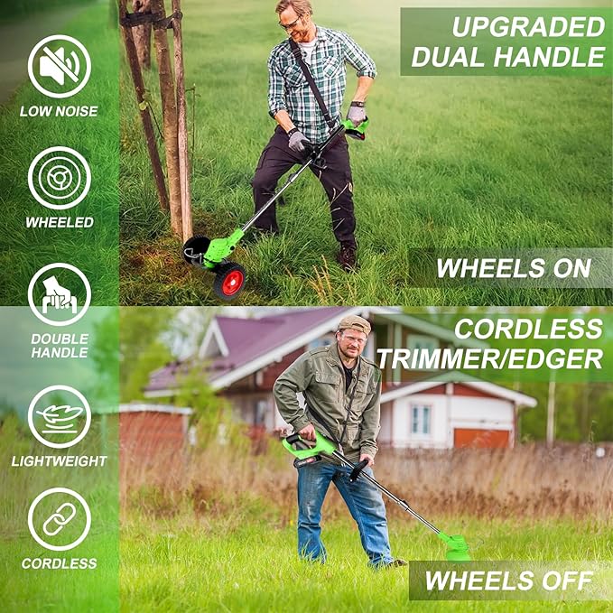 Cordless Weed Wacker Battery Powered Electric 21V 4.0Ah*2pcs 5 Types Blade&Wheels Grass Trimmer/Lawn Edger/Mower/Brush Cutter, Weeder Tool for Lawn Garden Pruning/Trimming (Unfoldable)