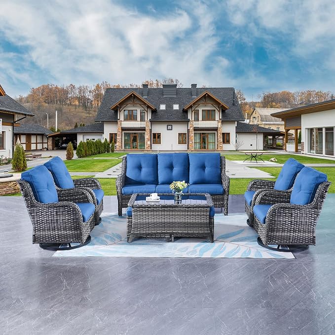 Rilyson Wicker Patio Furniture Set - 8 Piece Rattan Outdoor Sectional Conversation Sets with 4 Swivel Rocking Chairs,2 Ottomans,1 Sofa and 1 Coffee Table for Porch Deck Garden(Mixed Grey/Blue)