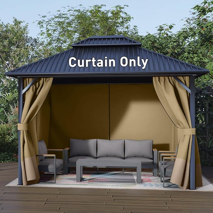 Aoodor 12x14 ft Outdoor Gazebo Curtains, 4 Panels Waterproof Privacy Sidewall Replacement with Zipper for Patio Pergola and Canopy, Khaki and Sand Yellow