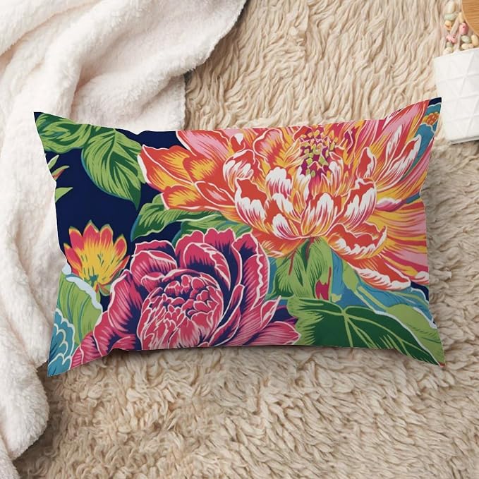Floral Bright and Cheery Chinoiserie Rectangular Cushion Cover Pink Coral Peony on Navy Throw Pillow Cover Classic Decorative Cushion Cases Home Decor for Sofa Chair Bed Home Car 16x26in