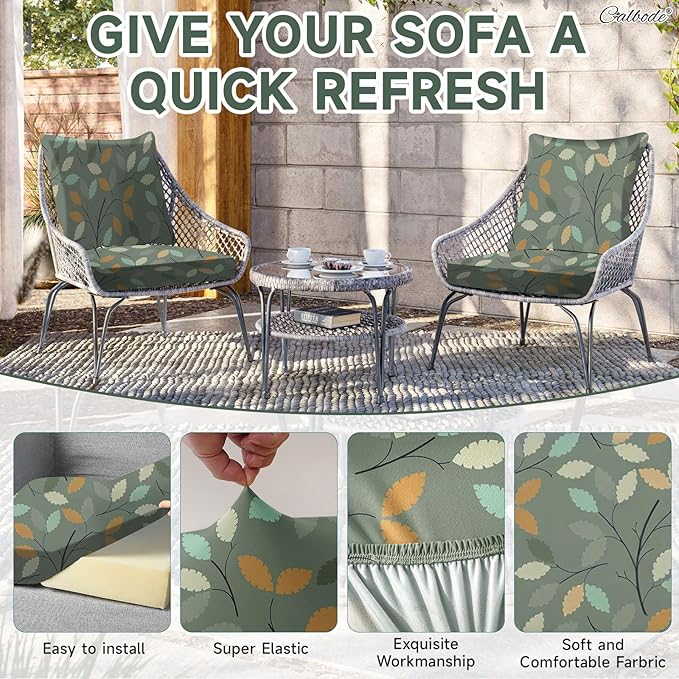 CALBODE 14Pcs Stretch Patio Cushion Cover for Autumn, Couch & Sofa Slipcovers for Patio Furniture Cushions Washable Reusable Couch Covers Replacement Fall Home Decor (Green Leaf Printed, Cover Only)