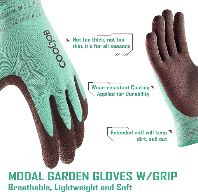 COOLJOB 2 Pairs Modal Gardening Gloves for Women, Rubber Coated, Large | Breathable Garden Gloves Stretch Soft, Non Slip Palm Dipped Grip Work for Gardener Worker in Lawn Yard Factory Garden
