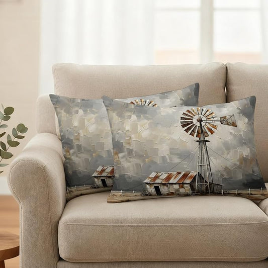 Gray Rustic Windmill Outdoor Pillow Covers 20"x12" Set of 2, Farmhouse Country Barn Oil Painting Waterproof Throw Pillow Covers for Patio Furniture, Decorative Cushion Covers for Porch