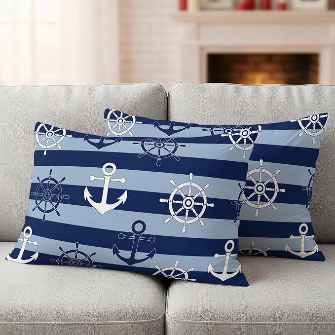 Nautical Ship Anchors Waterproof Outdoor Pillow Covers Set of 2 Home Decor, Navy Blue Horizontal Stripes Lumbar Pillowcase Patio Pillow Covers for Couch Bench Patio Furniture Garden 20x12in