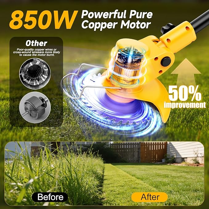 Electric Weed Wacker Cordless with Wheels,Electric Weed Eater Battery Powered,4 in 1 Grass Trimmer/Brush Cutter/Grass Edger/Small Lawn Mower,No String Trimmer with Metal Blade,2 Battery (Yellow)