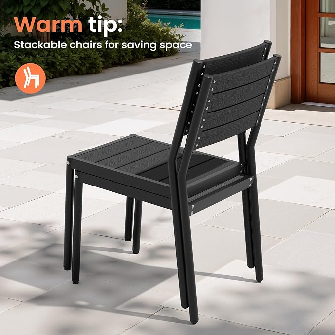 Pellebant Outdoor Dining Set for 8, 9 Pieces Aluminum Patio Table and Stackable Armless Chairs with Umbrella Hole & Wood-Like Top, Black
