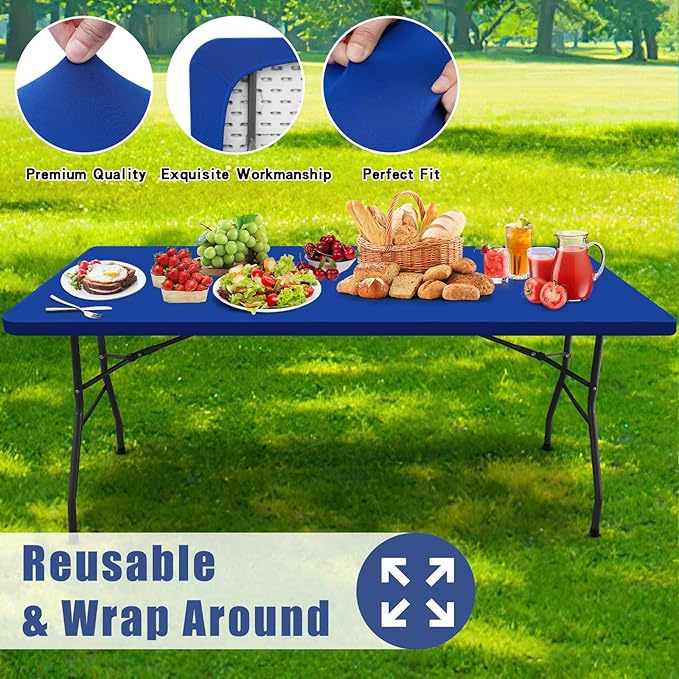 Moosfor Spandex 5 Foot Rectangle Table Cloth 2 Pack, Elastic Fitted Tablecloths for Picnic, Stretch Washable Patio Table Cover for Outdoor, Camping, Banquet and Parties (Blue, 36"x60")