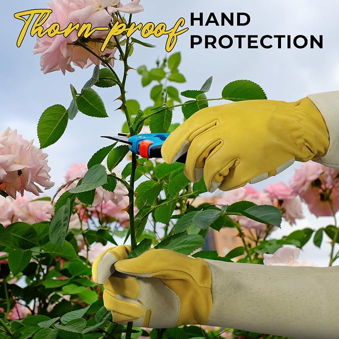 HANDLANDY Rose Pruning Gloves for Men Women, Thorn Proof Gardening Gloves | Long Leather Gardening Gloves, Breathable Leather Gauntlet, Best Garden Gifts & Tools for Gardener (Butter Yellow, L)