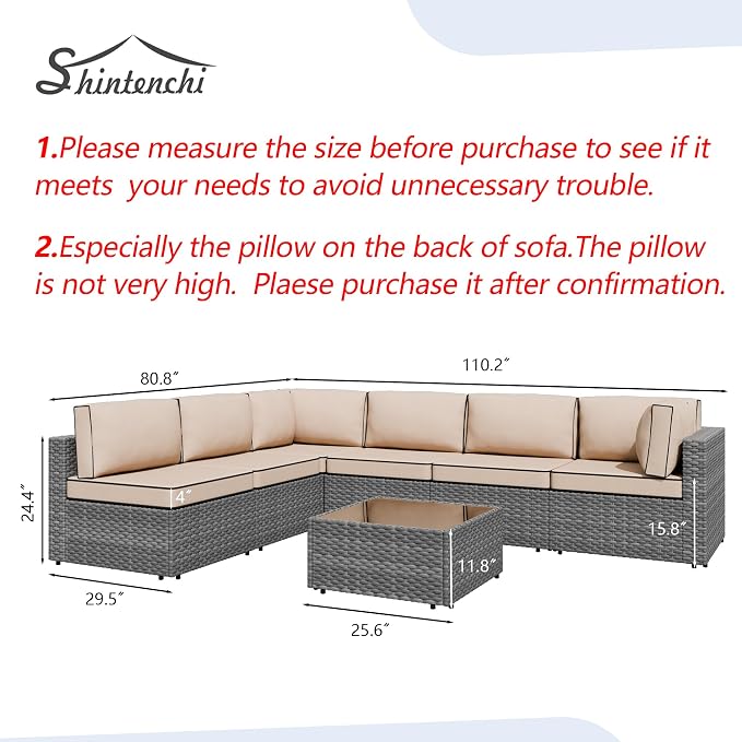 Shintenchi 7 Pieces Outdoor Patio Furniture Sets, Patio Sectional Sofa Couch, Gray PE Wicker Furniture Modular Patio Conversation Sets Patio Sofa with Washable Cushions, Gray/Khaki