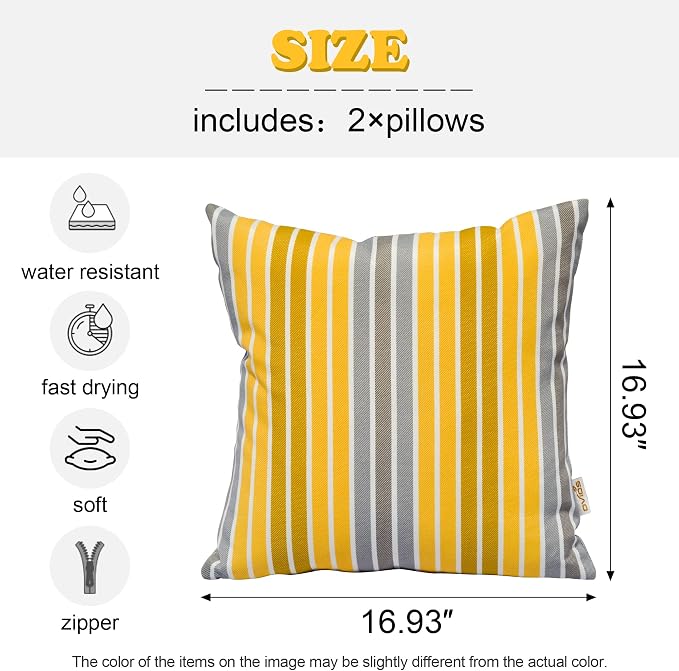 ovios Patio Throw Pillows Outdoor Lumbar Decorative Boho Floral Printed Geometric Multicolored Pillow for Sofa Couch Chair Outside, Set of 2 (17 x 17 Inch, Yellow Stripe)