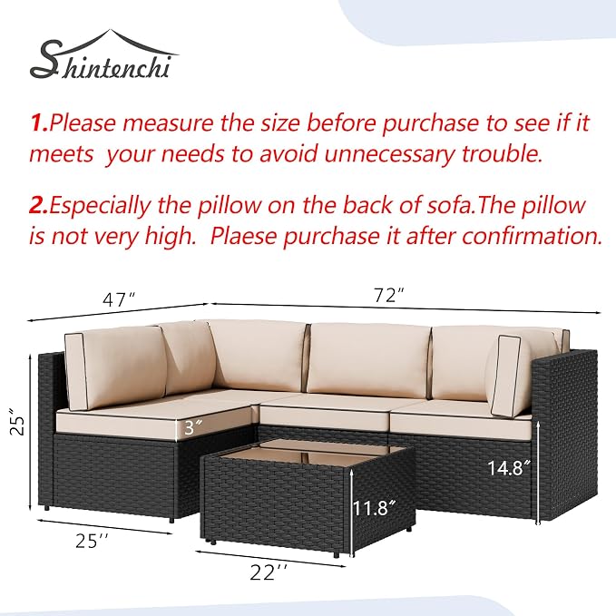 5 Piece Outdoor Patio Furniture Set,Black PE Rattan Wicker Sectional Sofa, All Weather Conversation Set with Washable Cushions & Glass Coffee Table for Backyard Poolside Garden Porch,Khaki