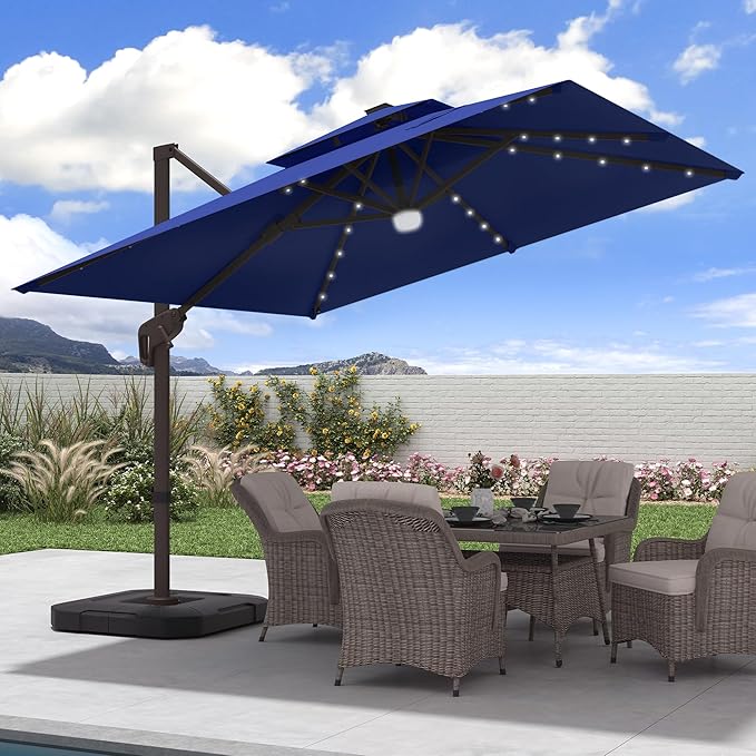 JZAC & QZYD 9x9 FT Outdoor Cantilever Patio Umbrella with Base Included and Solar LED Lights, Large Heavy Duty 2-Tier Square Aluminum Offset Umbrellas with 360-Degree Rotation for Pool Deck, Navy