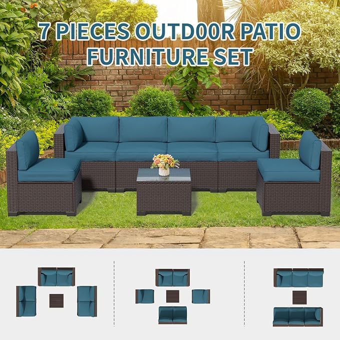 7 Piece Patio Furniture Set, Wicker Patio Conversation Sets, Outdoor Sectional Furniture with Tempered Glass Table, for Backyard, Deck, Garden, Dark Brown Rattan & Peacock Blue Cushions