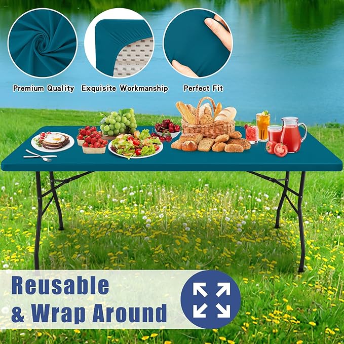 Moosfor Spandex 4 Foot Rectangle Table Cloth 2 Pack, Elastic Fitted Tablecloths for Picnic, Stretch Washable Patio Table Cover for Outdoor, Camping, Banquet and Parties (Peacock Blue, 24"x48")
