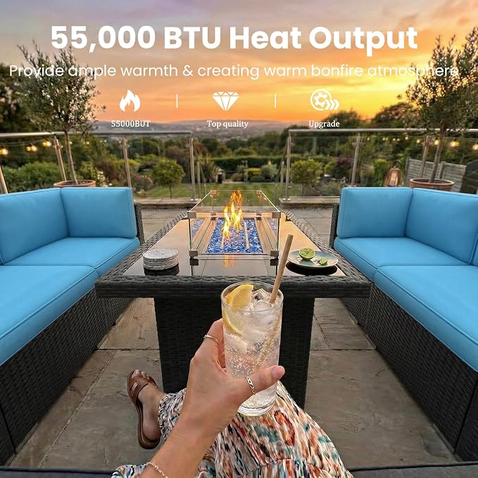 15 Pieces Patio Furniture Set with 44" Propane Gas Fire Pit Table, Outdoor Sectional Wicker Conversation Sofa Sets with Coffee Table