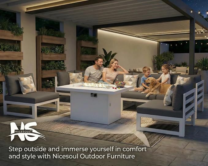 NICESOUL 9 Piece Modern Aluminum Patio Furniture Set with Fire Pit Table, 500 lbs Heavy Duty Outdoor Sectional Sofa, 29" Deep Wide Oversized Seating Conversation Couch for Garden Exterior, Dark Gray