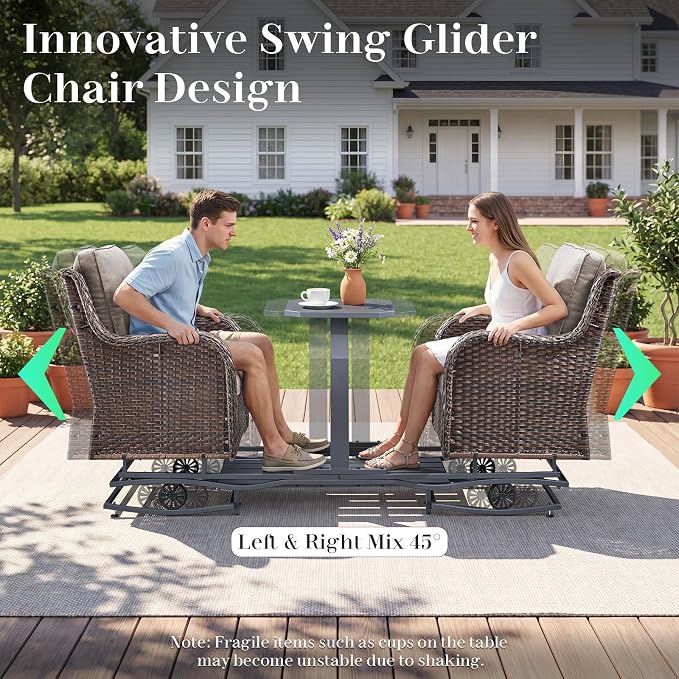 Rilyson Luxury Outdoor Wicker Glider Rocker Chairs for 2 Seats, Patio Wicker Rattan Glider Rocker Chairs with Table, Rocker Chairs Outdoor Furniture Sets for Patio Porch Pool Brown/Beige