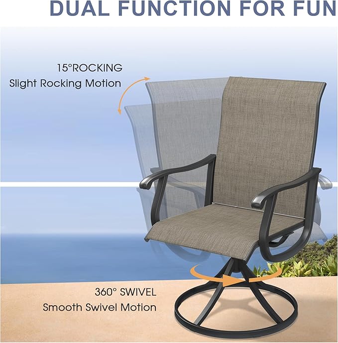 VICLLAX Patio Table and Chairs with Patio Umbrella, 6 Patio Swivel Chairs and Metal Patio Table with 15ft Wheat Outdoor Umbrella for Backyard, Mixed Brown Chairs & Black Tabletop