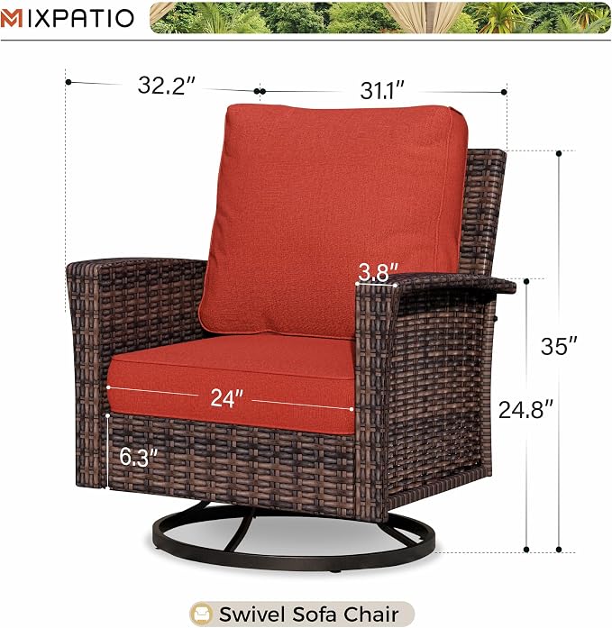 MIXPATIO Swivel Patio Wicker Chairs Set of 2, High Back Outdoor Swivel Patio Rattan Chairs with 5.5" Thick Cushions for Bistro Balcony Porch Deck and Yard, Red