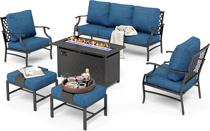 HERA'S HOUSE 6 Pieces Patio Furniture Set with Fire Pit Table, 2 x Single Chair, 2 x Ottoman, 3-Seat Sofa with 45" Fire Pit Table, Outdoor Conversation Set for Garden Poolside Backyard, Pacific Blue