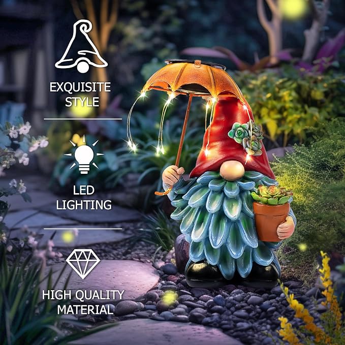 Solar Outdoor Statues Gnome Garden Decor, Garden Gnome with Solar LED Umbrella Decorative for Patio, Balcony, Lawn, Yard Ornament - Christmas Gardening Gifts for Mom Grandma