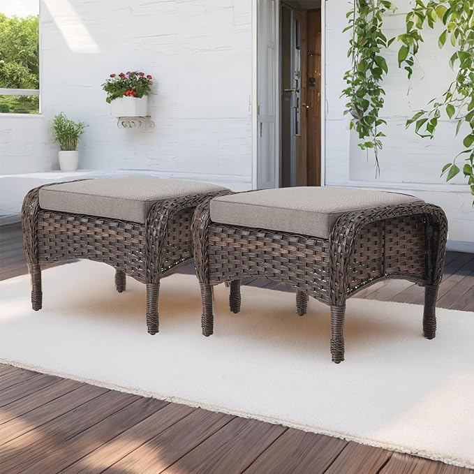 HUMMUH 5 Pieces Wicker Patio Furniture Set,Outdoor Rocker Chairs,Patio Ottomans,Glass Top Side Table,Outdoor Conversation Set for Porch Deck Backyard Poolside
