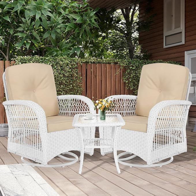 MEETWARM 3 Pieces Outdoor Wicker Swivel Rocker Patio Set, Rocking Chairs Rattan Patio Furniture Sets with Thickened Cushion and Glass-Top Coffee Table, Conversation Bistro Set, White/Beige