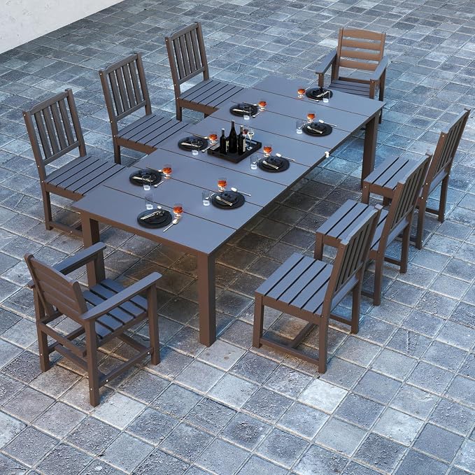 Kingdura 9 Piece Patio Dining Set for 8, HDPE Outdoor Table & Chairs with Umbrella Hole, All-Weather Outdoor Furniture Patio Conversation Set for Lawn Pool Backyard, Grey