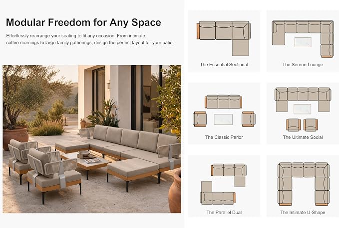 PURPLE LEAF Patio Furniture Set Outdoor Sectional Sofa with Fade-Resistant Cushions Coffee Table Wicker L-Shaped 6 Pieces Aluminum Conversation Sets with Ottoman for Balcony Yard Poolside, Taupe