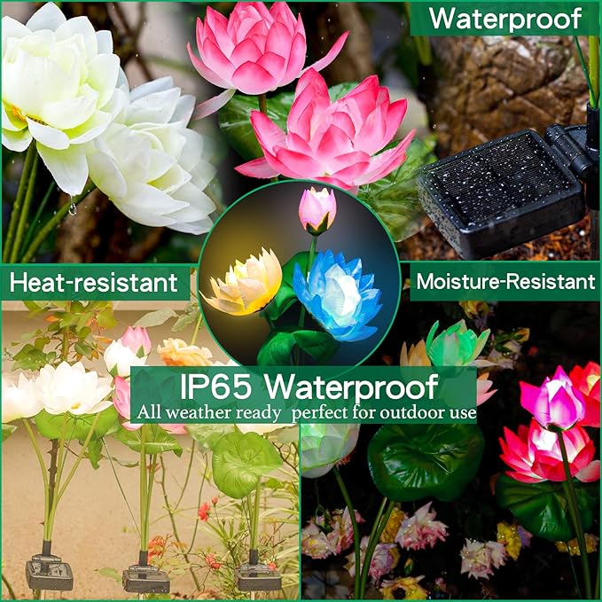 TONULAX Solar Garden Lights, Upgraded 2-Pack, Solar Lotus Flower Lights, Plastic Silk, Multi-Color, LED, Waterproof, Touch Control, 18-Hour Runtime