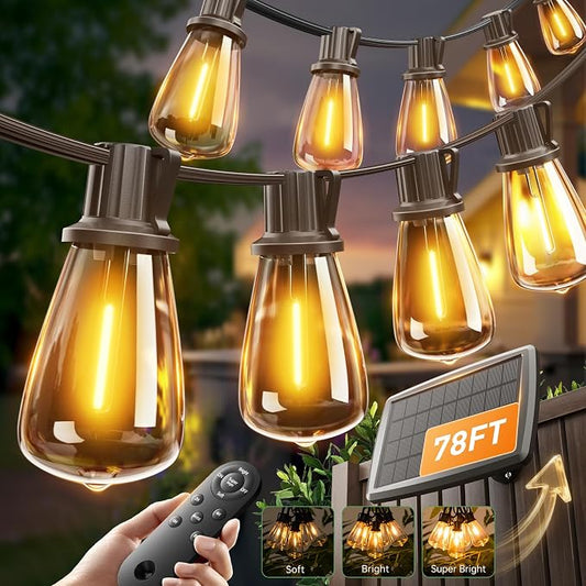 addlon 78(72+6) FT Solar String Lights Waterproof with Remote USB, 24+2 LED | Shatterproof Bulbs Patio Lights, Dimmable & Timable 3 Lighting Modes Solar Light for Backyard Camping Garden Decor