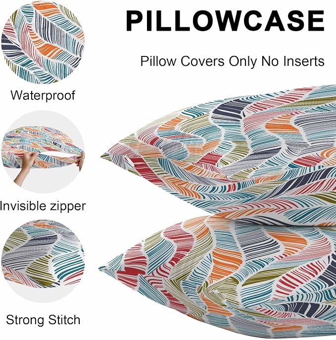 Vandarllin Outdoor Throw Pillows Covers 16x16 inch Set of 2 Waterproof Summer Beach Decorative Zippered Cushion Covers for Patio Furniture, Orange Blue Abstract Leaf Lines Lumbar Pillowcases