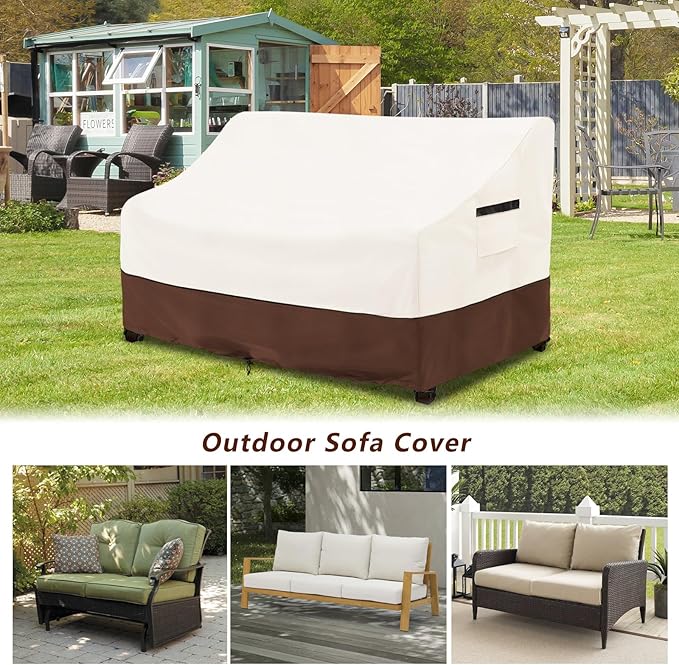 Patio Sofa Covers,100% Waterproof 2-Seater Outdoor Loveseat/Bench Cover,Patio Furniture Covers,58" Wx 32" Dx 32" H,Beige&Brown