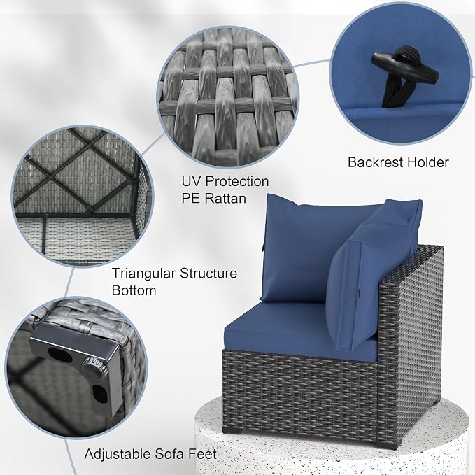 Patio Furniture Set, 7PCS Outdoor Sectional PE Rattan Patio Conversation Set w/Thickened Cushion Patio Sectional Modular Wicker Patio Sofa Set w/Coffee Table for Balcony, Backyard(Blue)